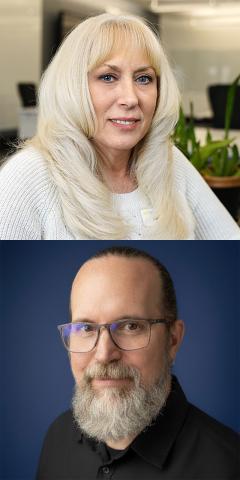 Side-by-side portraits of two people: on the left, a person with long, light blonde hair wearing a light-colored sweater in an indoor office setting with plants in the background; on the right, a person with dark hair pulled back, a gray beard, small hoop earrings, and a black button-down shirt in front of a solid blue background.